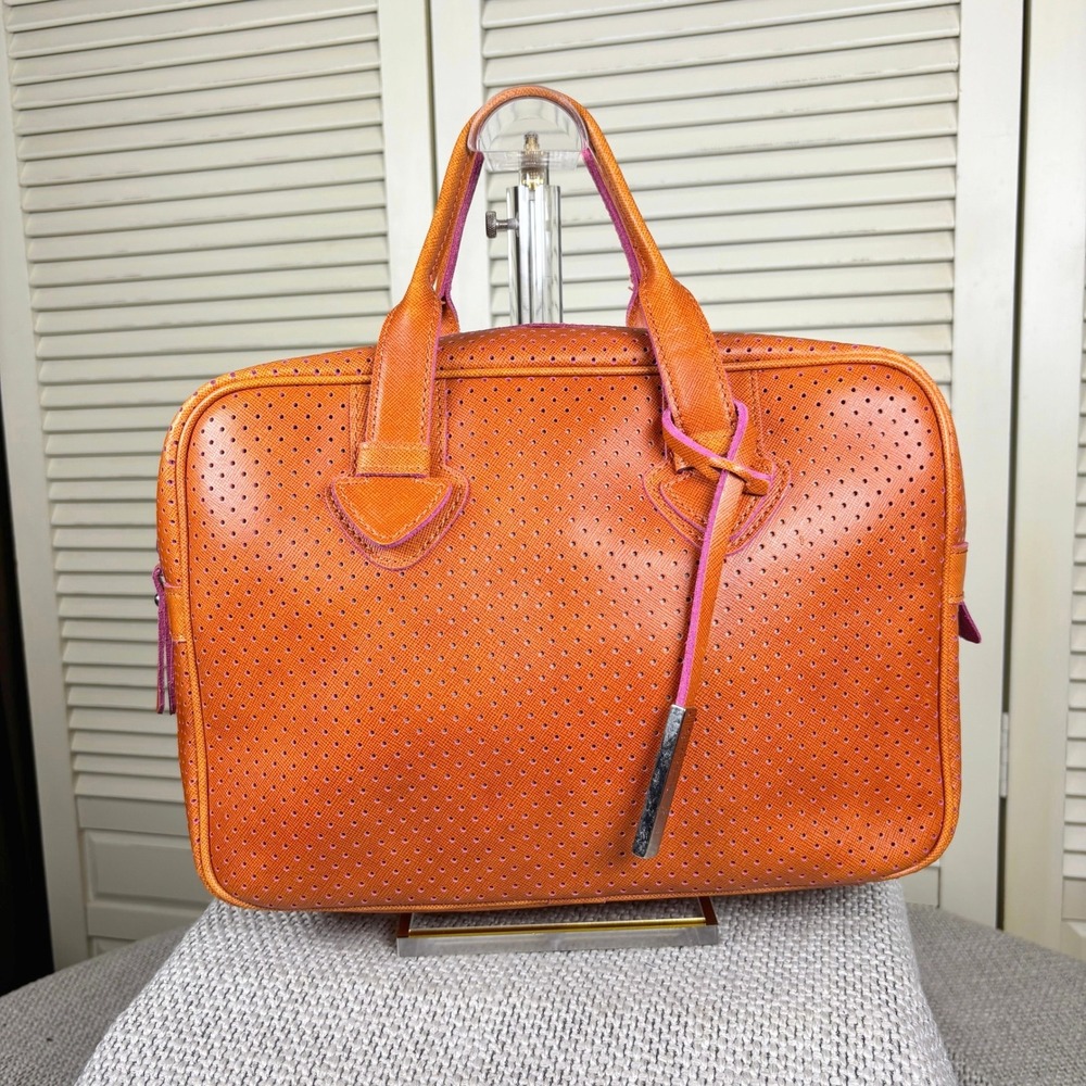 Innue Luxury Italian Orange Perforated Saffiano Leather Handbag Pink Trim Purse